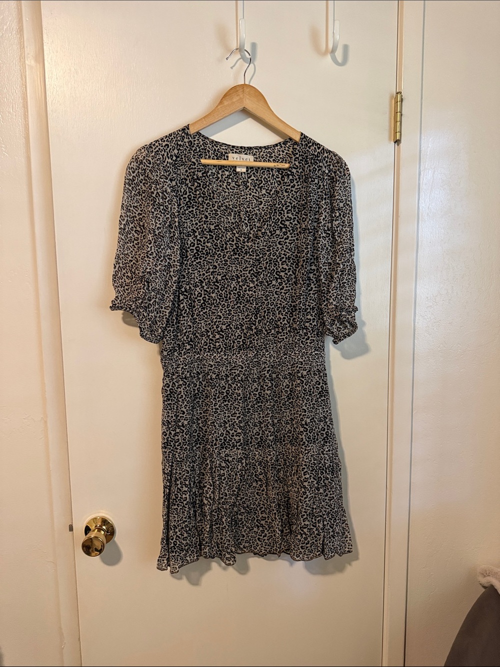 VELVET Black & White Leopard-Print Midi Dress with Flutter Sleeves